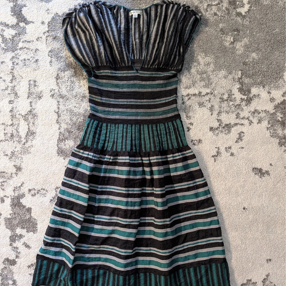 Sophie Max‎ Teal Black Striped Crinkle Smocked Waist Midi Dress 4B12A60 Large